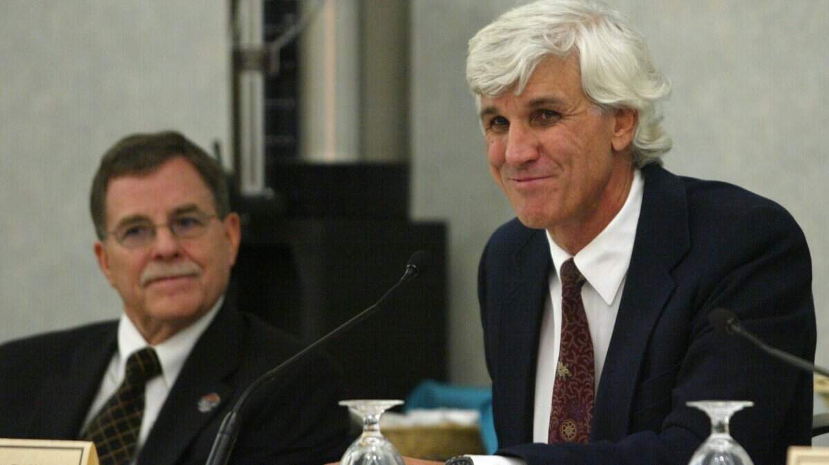 Former Visalia mayor Greg Collins, right, is pictured in 2005 after being elected to the City Council after a 14-year absence. Collins who served on the council for about 30 years, died Thursday in Visalia. He was 76.